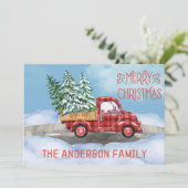 Waterverf Plaid Rode Vrachtwagen Sneeuw Vrolijk Ke Feestdagenkaart (Staand voorkant)
