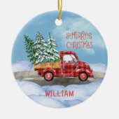 Waterverf Plaid Rode Vrachtwagen Sneeuw Vrolijk Ke Keramisch Ornament (Voorkant)