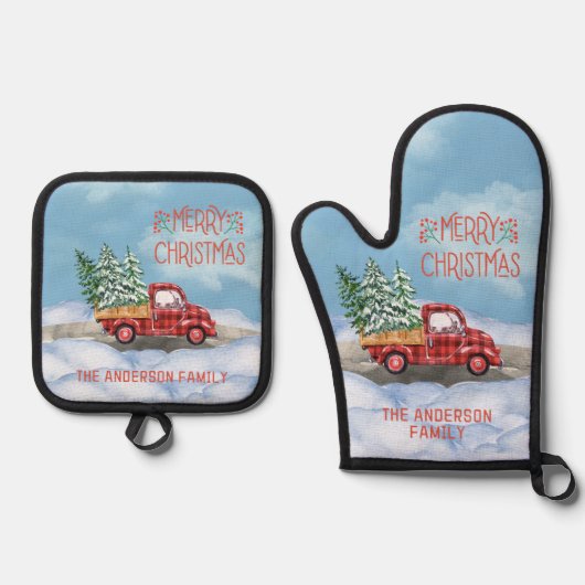 Waterverf Plaid Rode Vrachtwagen Sneeuw Vrolijk Ke Ovenwant & Pannenlap Set (Voorkant)