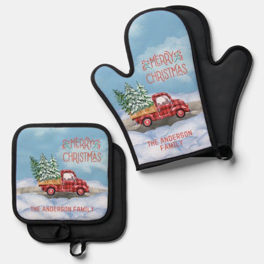 Waterverf Plaid Rode Vrachtwagen Sneeuw Vrolijk Ke Ovenwant & Pannenlap Set (Voorkant / Achterkant)