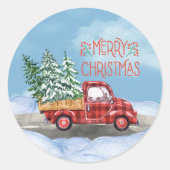 Waterverf Plaid Rode Vrachtwagen Sneeuw Vrolijk Ke Ronde Sticker (Voorkant)