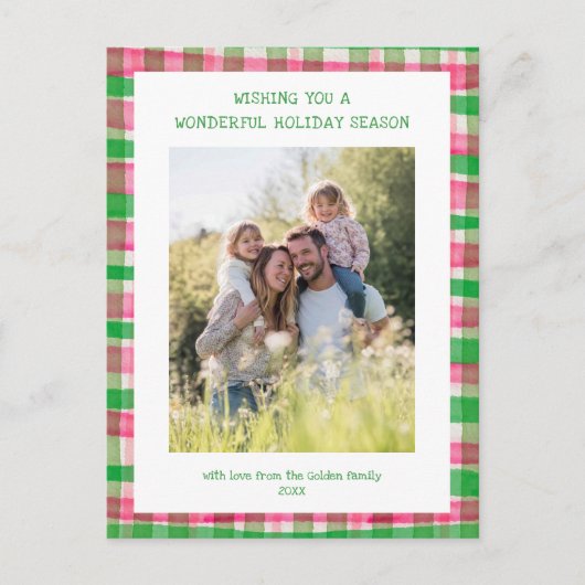 Waterverf Plaid Roze Kerst Custom 3 Foto Feestdagenkaart (Voorkant)