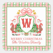 Waterverf Plaid Santa Monogram Crest Gift Vierkante Sticker (Voorkant)