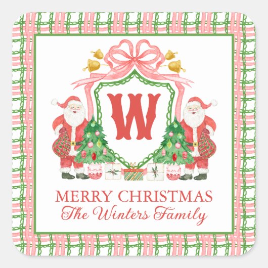 Waterverf Plaid Santa Monogram Crest Gift Vierkante Sticker (Voorkant)