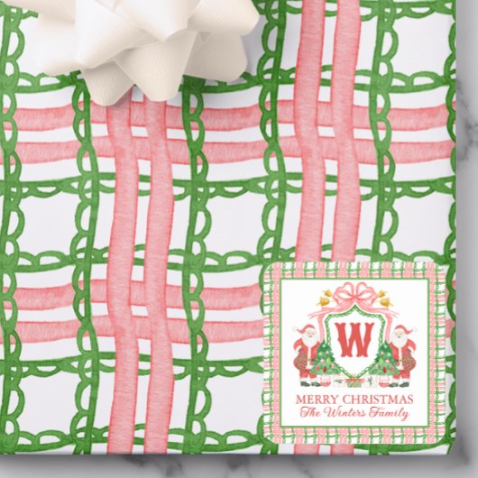 Waterverf Plaid Santa Monogram Crest Gift Vierkante Sticker