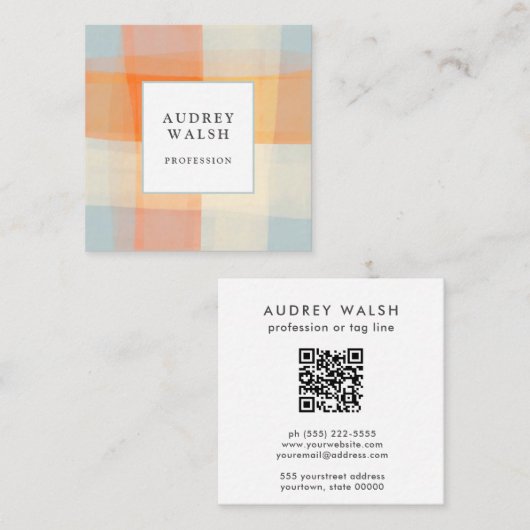 Waterverf Plaid Sinaasappel Cream Blue QR CODE Vierkante Visitekaartje (Voorkant / Achterkant)
