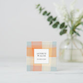 Waterverf Plaid Sinaasappel Cream Blue QR CODE Vierkante Visitekaartje (Staand voorkant)