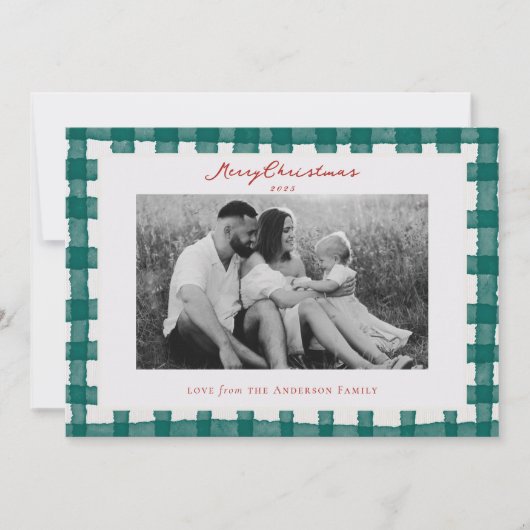 Waterverf Plaid Tweezijdige Familiefoto Kerst Feestdagenkaart (Voorkant)