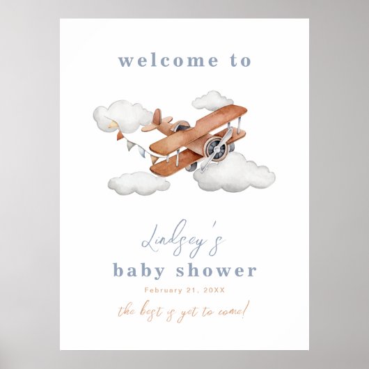 Waterverf Plane Baby shower Welkomstbord Poster (Voorkant)