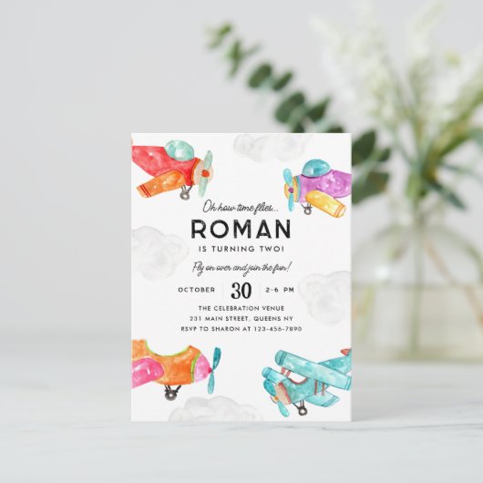 Waterverf Planes Clouds Sky Kind Vliegtuig Verjaar Briefkaart (Staand voorkant)