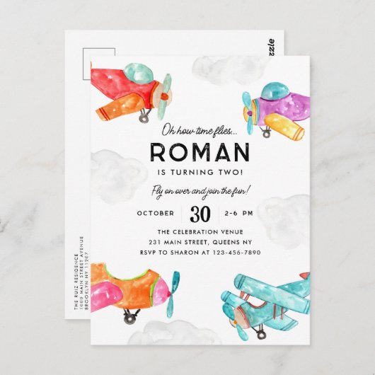 Waterverf Planes Clouds Sky Kind Vliegtuig Verjaar Briefkaart (Voorkant / Achterkant)