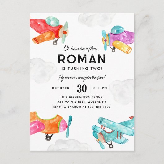 Waterverf Planes Clouds Sky Kind Vliegtuig Verjaar Briefkaart (Voorkant)