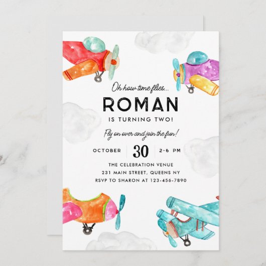 Waterverf Planes Clouds Sky Kind Vliegtuig Verjaar Kaart (Voorkant / Achterkant)