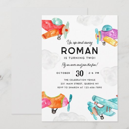 Waterverf Planes Clouds Sky Kind Vliegtuig Verjaar Kaart (Voorkant / Achterkant)