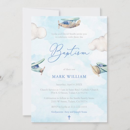 Waterverf Planes Sky Clouds Boy Baptism Party Kaart (Voorkant)