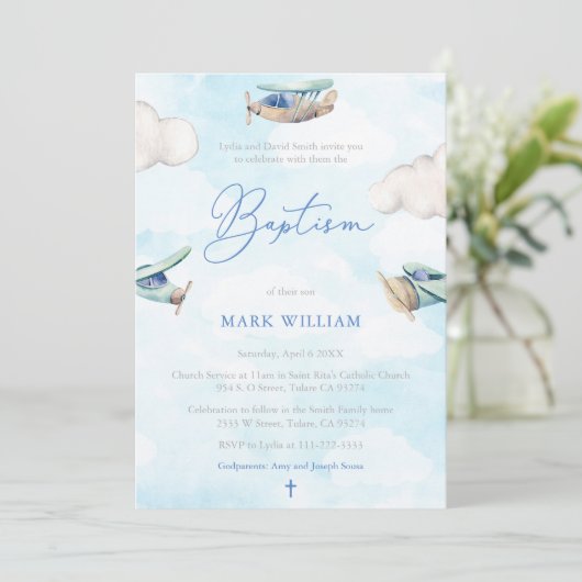 Waterverf Planes Sky Clouds Boy Baptism Party Kaart (Staand voorkant)