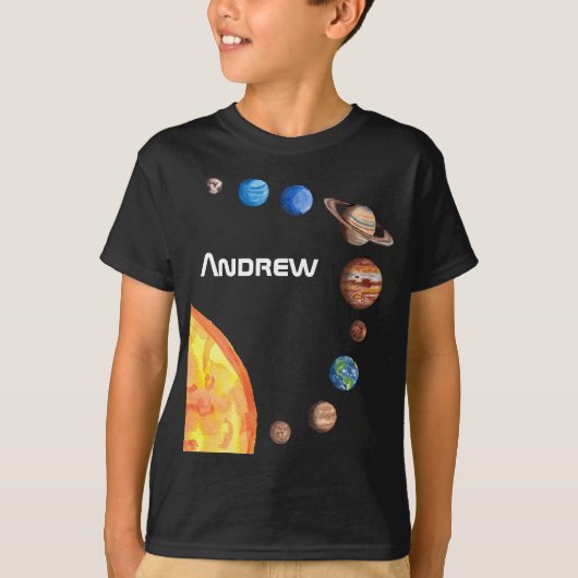 Waterverf Planeten Zon Aarde Mars Jupiter Saturnus T-shirt (Voorkant)