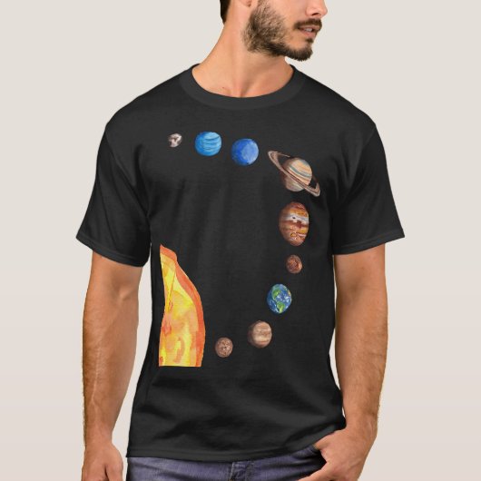Waterverf Planeten Zon Aarde Mars Jupiter Saturnus T-shirt (Voorkant)