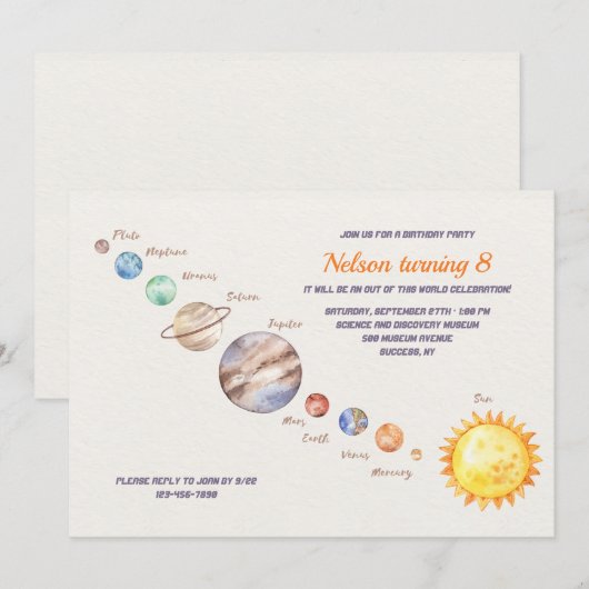 Waterverf Planets Birthday Invitation Kaart (Voorkant / Achterkant)