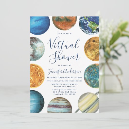 Waterverf Planets Virtual Baby shower Kaart (Staand voorkant)