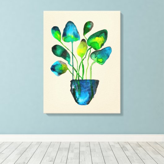 Waterverf plant groen en blauw abstract canvas afdruk (Insitu (Houten vloer))