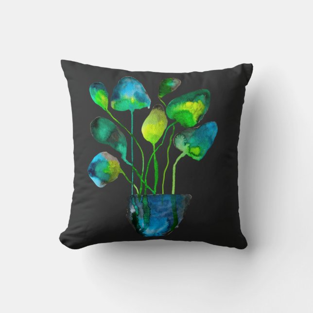 Waterverf plant groen en blauw abstract kussen (Voorkant)