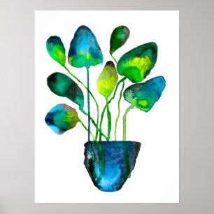 Waterverf plant groen en blauw abstract poster