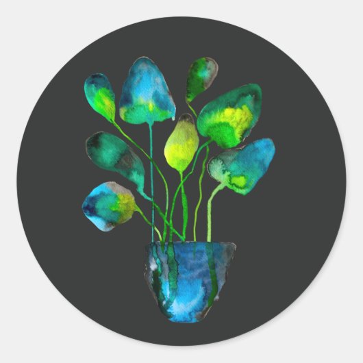 Waterverf plant groen en blauw abstract ronde sticker (Voorkant)