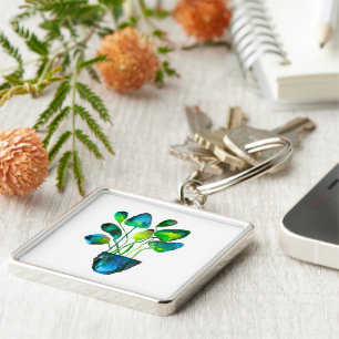 Waterverf plant groen en blauw abstract sleutelhanger