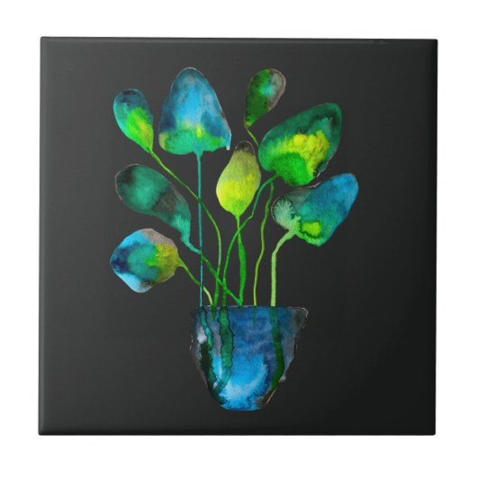 Waterverf plant groen en blauw abstract tegeltje (Voorkant)