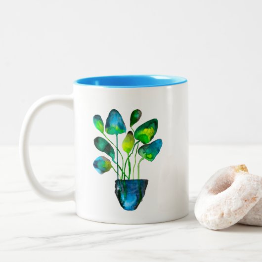 Waterverf plant groen en blauw abstract tweekleurige koffiemok (Met donut)