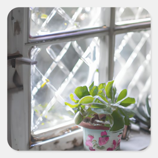 Waterverf  Plant in het venster Vierkante Sticker (Voorkant)