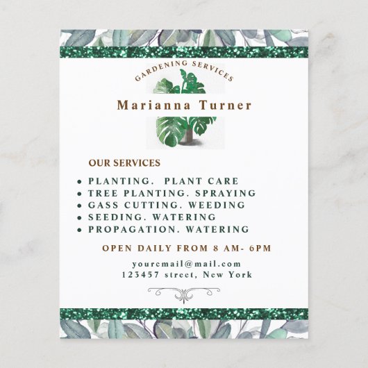 Waterverf plant Tuinieren Service, Tuinbouwer Flyer (Achterkant)