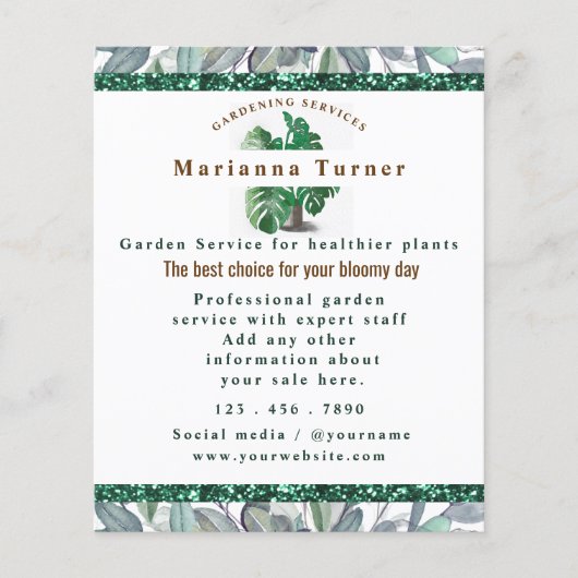 Waterverf plant Tuinieren Service, Tuinbouwer Flyer (Voorkant)