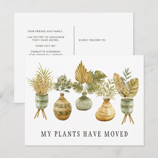 Waterverf Planten Nieuwe adreswijziging Aankondigi Aankondigingskaart (Voorkant / Achterkant)