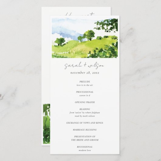 Waterverf Platteland Heuvels Trouwprogramma Bedankkaart (Voorkant / Achterkant)