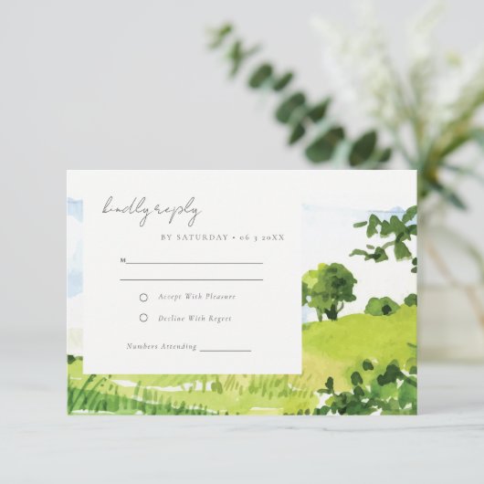 Waterverf Platteland Heuvels Trouwreceptie RSVP Kaartje (Staand voorkant)