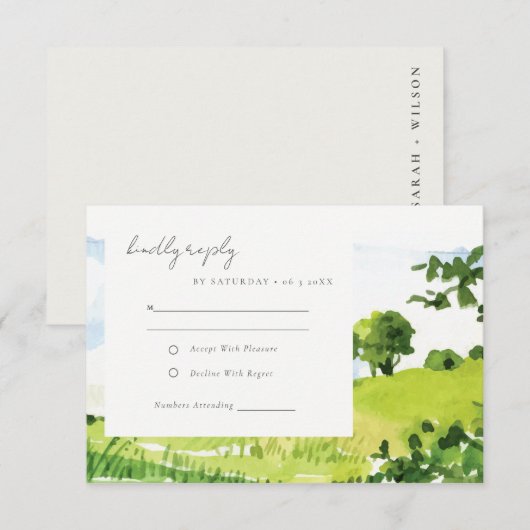 Waterverf Platteland Heuvels Trouwreceptie RSVP Kaartje (Voorkant / Achterkant)