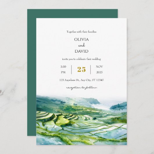 Waterverf platteland kust veld strand bruiloft kaart (Voorkant / Achterkant)