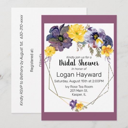 Waterverf Plum grijs geel bloemengoud Lijst Kaart (Voorkant / Achterkant)