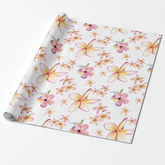 Waterverf Plumeria en Hibiscus wrapping Paper Cadeaupapier (Uitgerold)