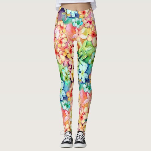 Waterverf Plumeria Hawaii Leggings (Voorkant)