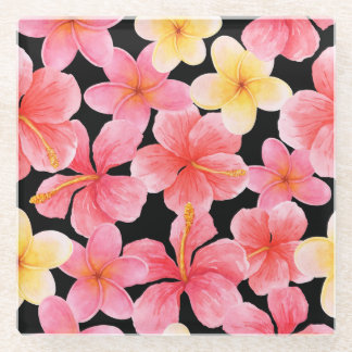 Waterverf Plumeria Hibiscus bloemenpatroon Glazen Onderzetter