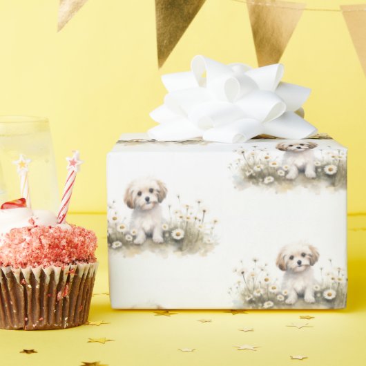 Waterverf poedel in madeliefjes cadeaupapier (Verjaardagsfeest)