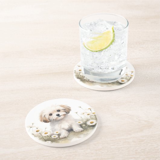 Waterverf poedel in madeliefjes zandsteen onderzetter (Zijkant)