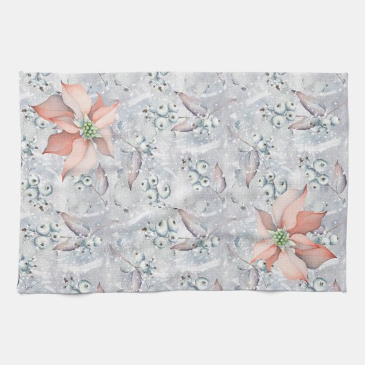 Waterverf poinsettia, bessen, sneeuw, keuken theedoek (Horizontaal)