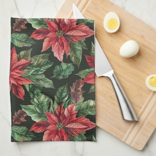 Waterverf Poinsettia bloem kerst Theedoek (Quarter Fold)