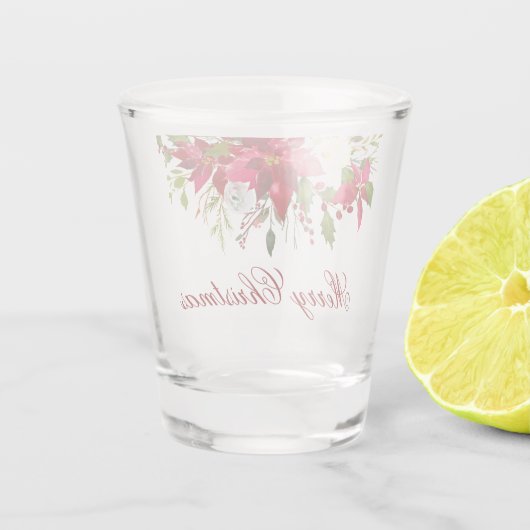 Waterverf Poinsettia Bloemen Kerst Rood Script Shot Glas (Achterkant)