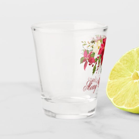 Waterverf Poinsettia Bloemen Kerst Rood Script Shot Glas (Links)