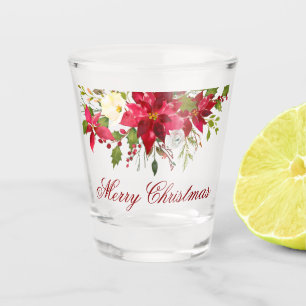 Waterverf Poinsettia Bloemen Kerst Rood Script Shot Glas